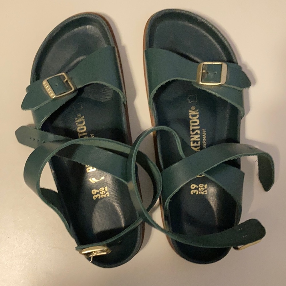 Birkenstock green leather wraparound strap sandals